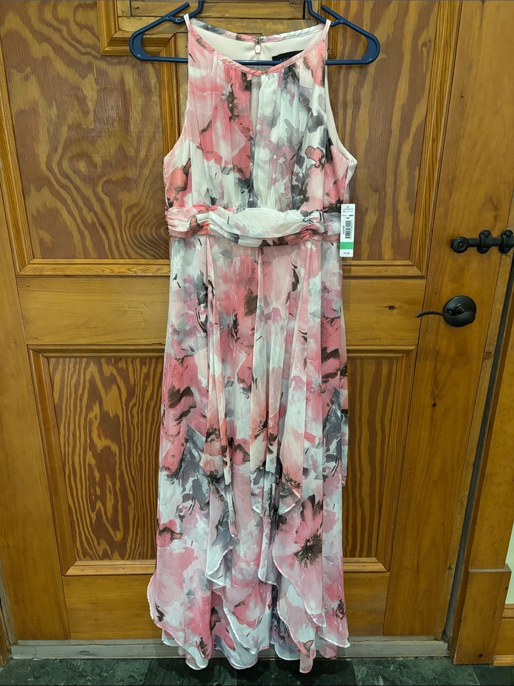 R&M Richards Pink and Gray Floral Halter Maxi Dress with Belt design